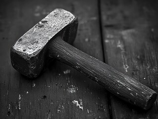 Grungy vintage sledgehammer on rustic wooden workbench, black and white close-up of an old heavy industrial hand tool.