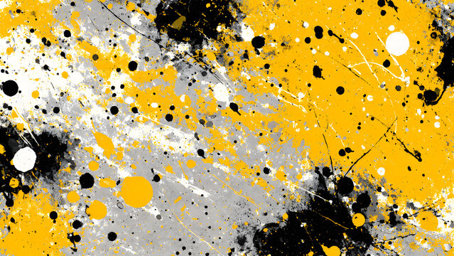 Splatter paint grunge abstract in black, yellow, and white with artistic texture. Perfect for background designs, posters, and artistic projects.