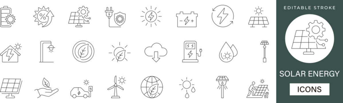 solar energy line icon set featuring solar panel, renewable,  recycling, saving, efficiency, battery, sun, electricity, environment, sustainability, charging, inverter, grid editable vector set.