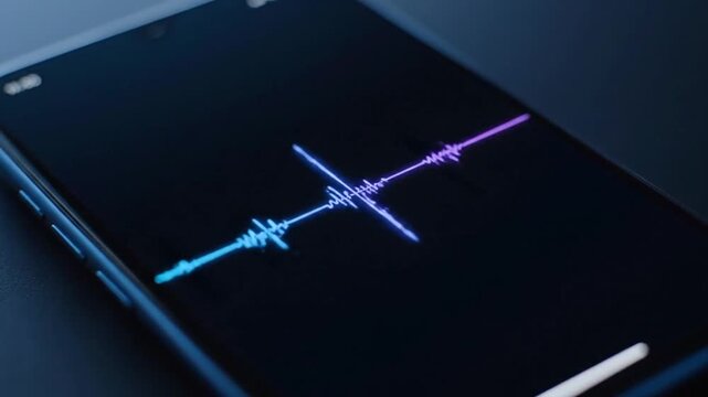 An electric blue and purple sound wave visualizer dynamically pulses and shifts across a dark smartphone screen, representing ongoing audio capture or playback activity.