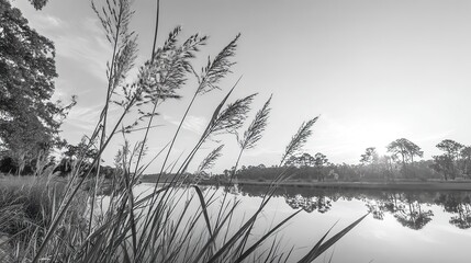 Serene Black and White Landscape of Tall Grass and Reeds Reflected in Calm Water Under a Bright Sky