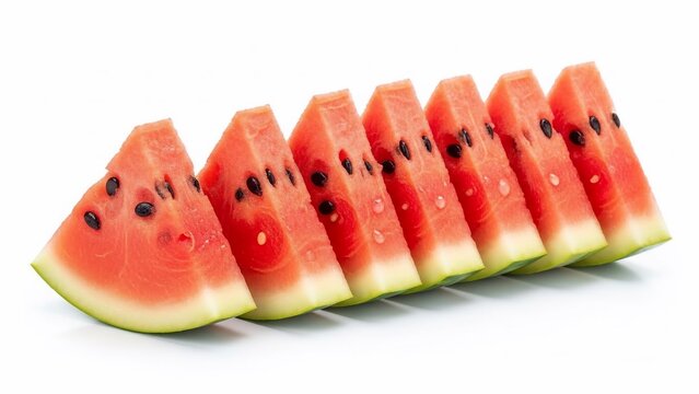 Fresh watermelon slices arranged on a white background with copy space