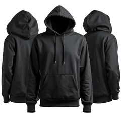 Three hooded black sweaters isolated against a bright backdrop, displayed from the front and back views