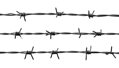 Three horizontal strands of shiny barbed wire against a stark white background, isolated in a studio shot
