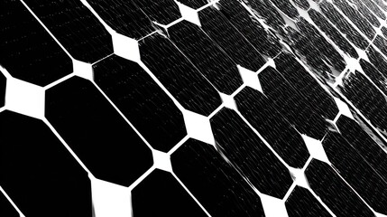 Black and white close-up of photovoltaic solar panel cells for renewable energy and sustainable technology background