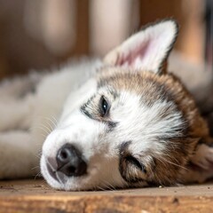 Obraz premium Close-up of a resting puppy, asleep on a wooden surface, sunlight