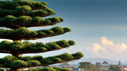 Lush evergreen Norfolk Island Pine tree with tiered branches reaching towards a bright blue sky over a scenic distant landscape.