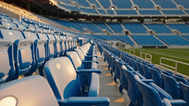 Rows of empty blue stadium seats in a modern sports arena, ready for spectators to fill the space