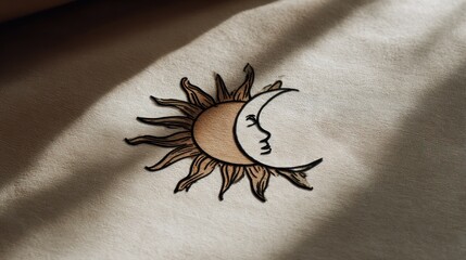 Bohemian Celestial Sun and Crescent Moon Symbol on Fabric with Shadows - Mystic Spiritual Design Artwork