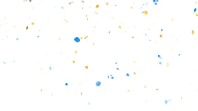 Gold and blue confetti rains down continuously against a pure white screen. This festive 8-second loop provides a bright, celebratory background animation for events and announcements.