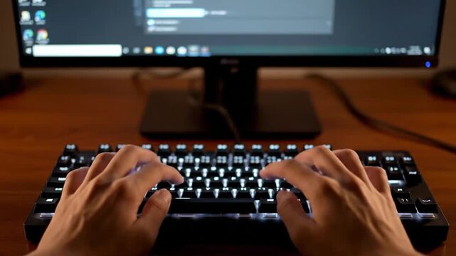 Hands rapidly type on a white backlit mechanical keyboard, illuminated against a dark background, with a desktop monitor visible. The continuous 8-second action captures the intensity of coding, gami