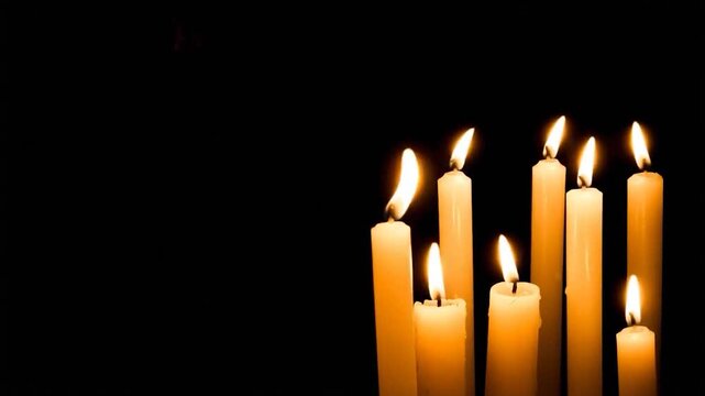 Group of Lit Candles Against Dark Background, Warm Golden Glow of Candlelight, Remembrance and Hope Concept, Spiritual Enlightenment, Bokeh Lights, Interior Decoration, Peaceful Ambiance