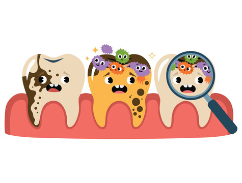 Dirty and smelly teeth cartoon character concept vector illustration on white background magnifying glass examine teeth dental hygiene awareness