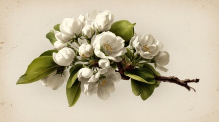 Delicate white spring blossoms on a branch with green leaves, vintage botanical illustration, elegant floral beauty.