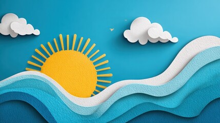 Bright paper cut art illustration: sun, layered blue ocean waves, and white clouds in a clear sky, symbolizing summer and travel.