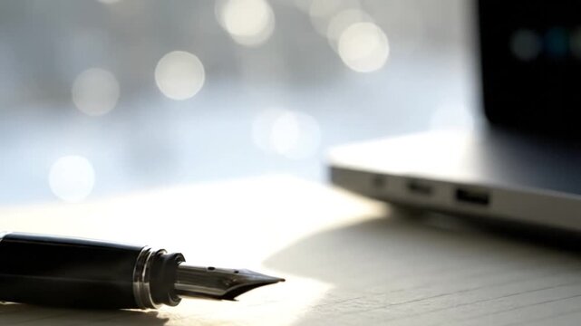 A close-up of a fountain pen and notebook next to a laptop, softly illuminated by sunlit bokeh. The steady shot captures a serene moment of work, writing, or study contemplation.