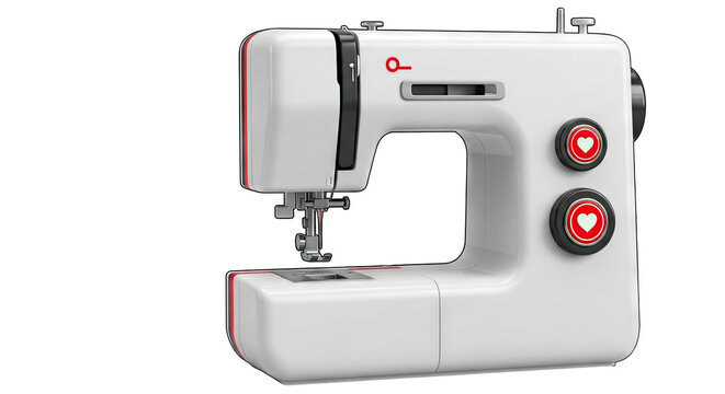 Modern White Sewing Machine with Red Accents and Heart Buttons