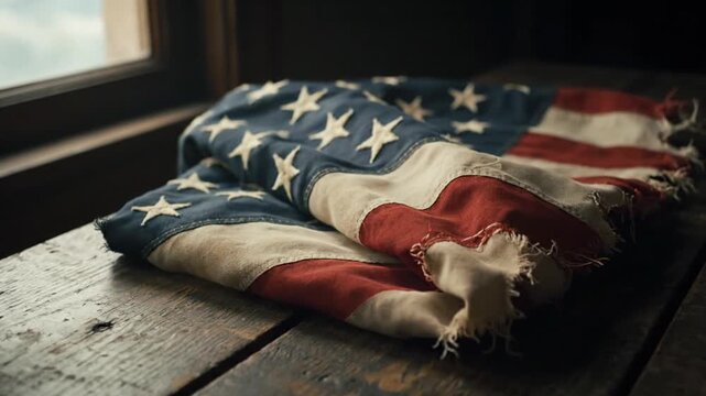 A somber 8-second clip focusing intensely on a tattered, folded vintage American flag resting on dark, weathered wooden planks near a sunlit window. The shot emphasizes the flag's texture and histori