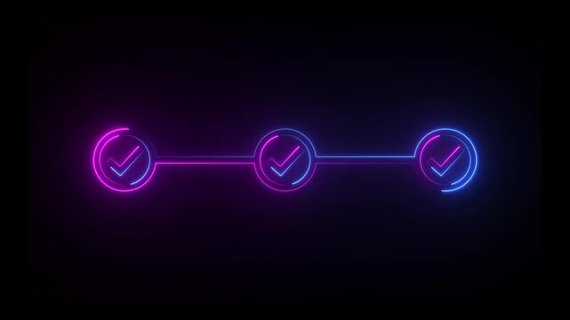 Three neon checkmarks in circles connected by glowing lines on black background check mark tick