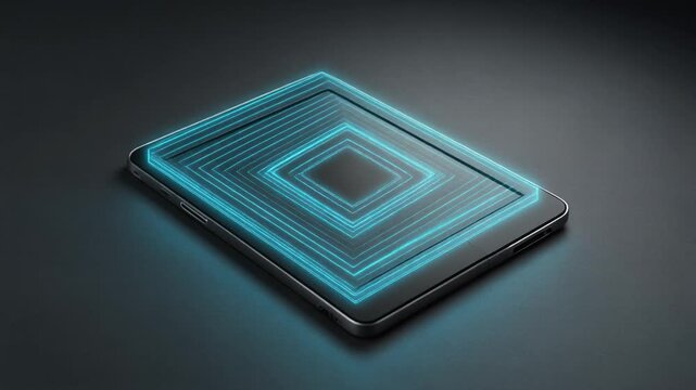 Holographic Projection Over E-Reader Mockup. Tech & AI-Driven Product Mockups (Futuristic Studio Look). An unbranded ultra-thin e-reader mockup lying flat.
