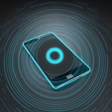 Holographic Projection Over E-Reader Mockup. Tech & AI-Driven Product Mockups (Futuristic Studio Look). An unbranded ultra-thin e-reader mockup lying flat.
