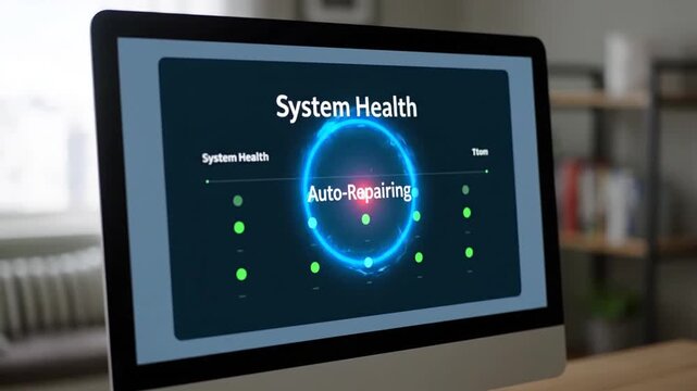 A computer monitor shows System Health status. A red error appears, initiating an "Auto-Repairing" process displayed by a dynamic blue interface fixing the system issue on screen.