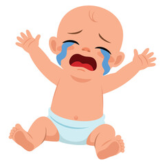 Flat design illustration of cute little baby crying on white background representing infant emotion parenting care childhood feelings and family lifestyle concept