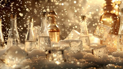 Celebration Bottles with Ice and Sparkling Lights in Festive Atmosphere