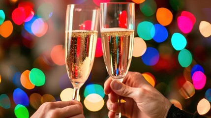 Celebratory Hands Holding Flutes of Champagne Against Colorful Holiday Lights Background