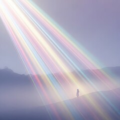 Solitary figure stands, light beams burst through serene sky, creating ethereal dreamscape. Hope, faith, solitude, meditation, and spiritual journey.