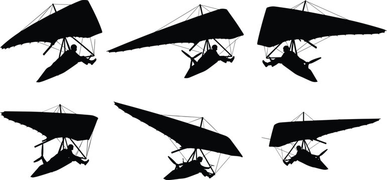 Hang gliding silhouettes showing pilot flying delta wing glider, extreme aerial sport adventure isolated on white background collection