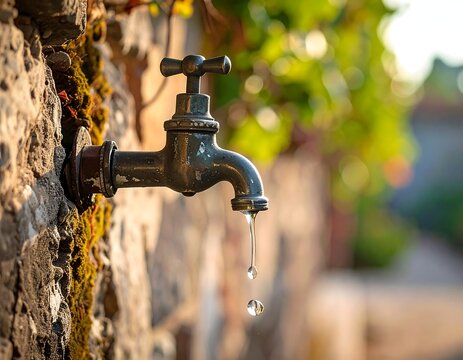 A close up of an antique faucet with dripping water