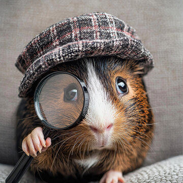 Close-up of a guinea pig wearing a plaid cap, holding a magnifying glass over one eye, looking curiously at something