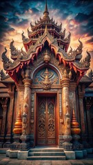 Obraz premium Ancient Thai temple entrance adorned with intricate carvings and ornate woodwork patterns welcomes visitors to a sacred sanctuary