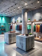A modern concrete product display showcases sleek designs and vibrant colors in a contemporary retail setting
