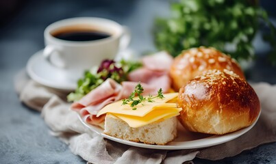 tasty breakfast, with fresh bread buns, sliced ham, cheese, some sallad, a white cup with fresh steming coffe