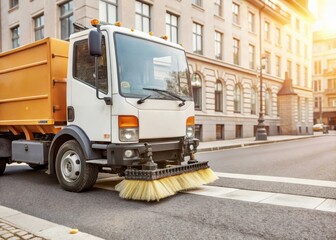 Heres the expanded title and keywords list for the input concept  Title Text Urban roadscape revitalized by street sweeper vehicle