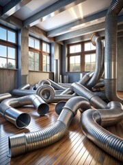 Heres the expanded metadata  A messy tumble of dusty dryer vent ducts sprawls across the floor