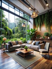 Modern interior design elements harmoniously blend with natures essence to create a serene retreat