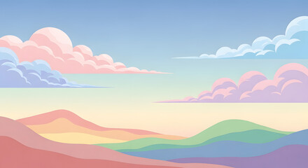 Fototapeta premium Vibrant cartoon landscape with colorful hills and fluffy clouds
