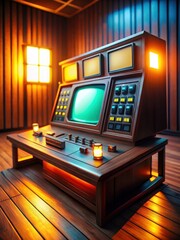 Retrofuturistic control panel with vibrant screens and wooden base, emitting a warm glow in a dimly lit room