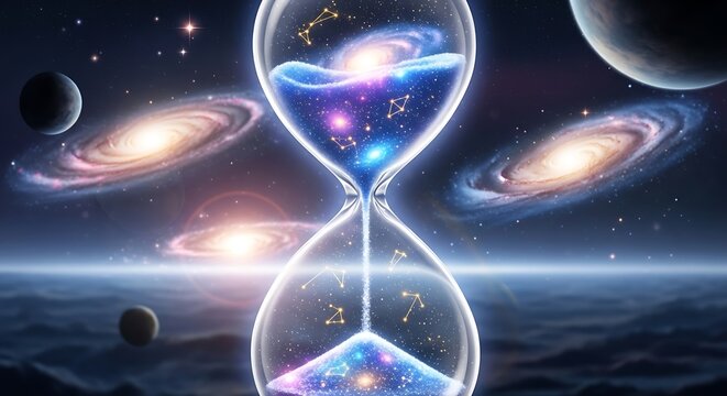 Galaxies and celestial bodies swirling inside an hourglass symbolizing the passage of time in space