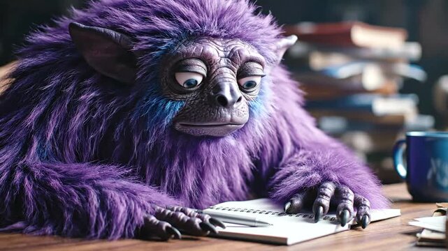 Purple monkey writing in notebook.