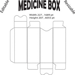 Medicine box packaging dieline template with 3D folding lines and editable vector layout for pharmaceutical products