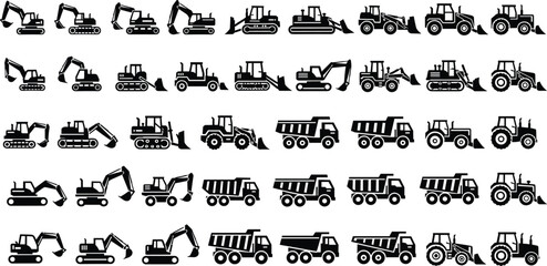 Construction machinery silhouettes set featuring excavators bulldozers loaders and dump trucks isolated on white for industrial design and engineering graphics © Md
