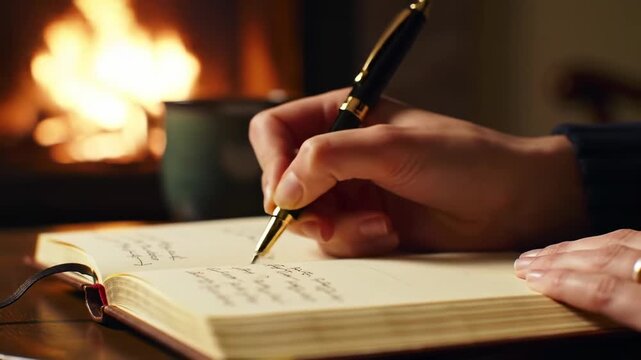 A hand pens words in a notebook near a warm, blurred fireplace