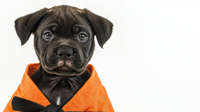 Cute dark puppy wearing an orange martial arts uniform with a black belt, looking directly at the camera on a white background