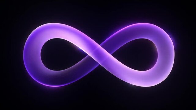Illuminated, purple, glowing infinity symbol against dark backdrop