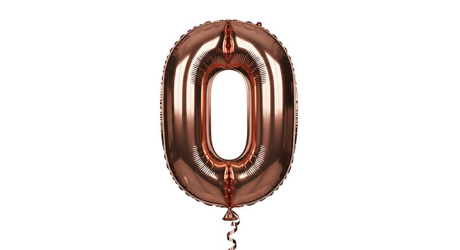 a brilliant rose gold number zero foil balloon gleaming metallically floating on pure white for birthdays anniversaries and special event decorations.