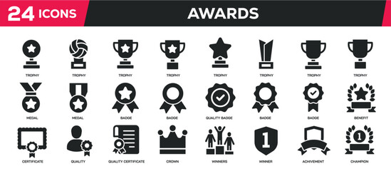 Awards solid icons collection. Containing Trophy, Reward, Achievement, Medal icons. Perfect pixel on transparent background. Vector illustration